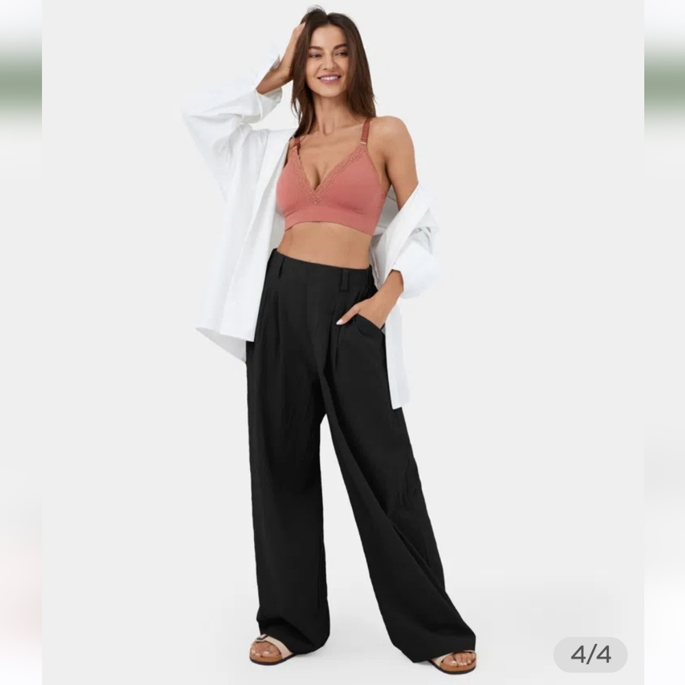 Halara High Waisted Plicated Black Wide Leg Flowy Cotton Pants Size M NWT